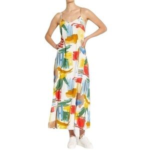 NWT Tahari Brushstroke Canvas‎ Print Cami Midi Dress White Yellow Green XL